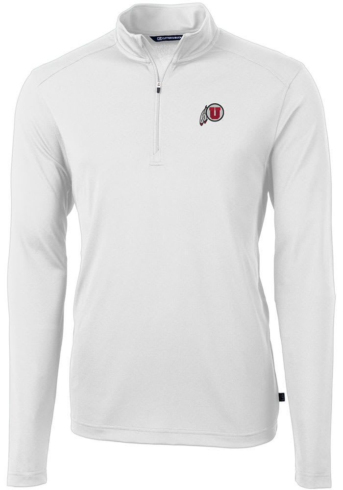 Cutter and Buck Utah Utes Mens White Virtue Eco Pique Long Sleeve 1/4 Zip Pullover