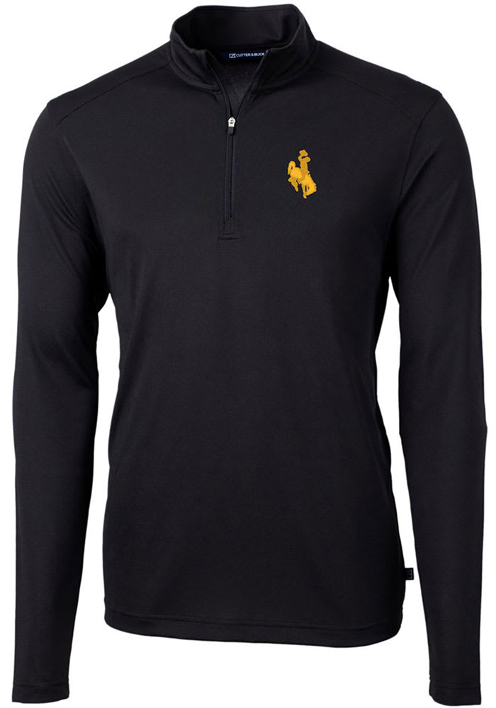 Cutter and Buck Wyoming Cowboys Mens Black Virtue Eco Pique Long Sleeve 1/4 Zip Pullover
