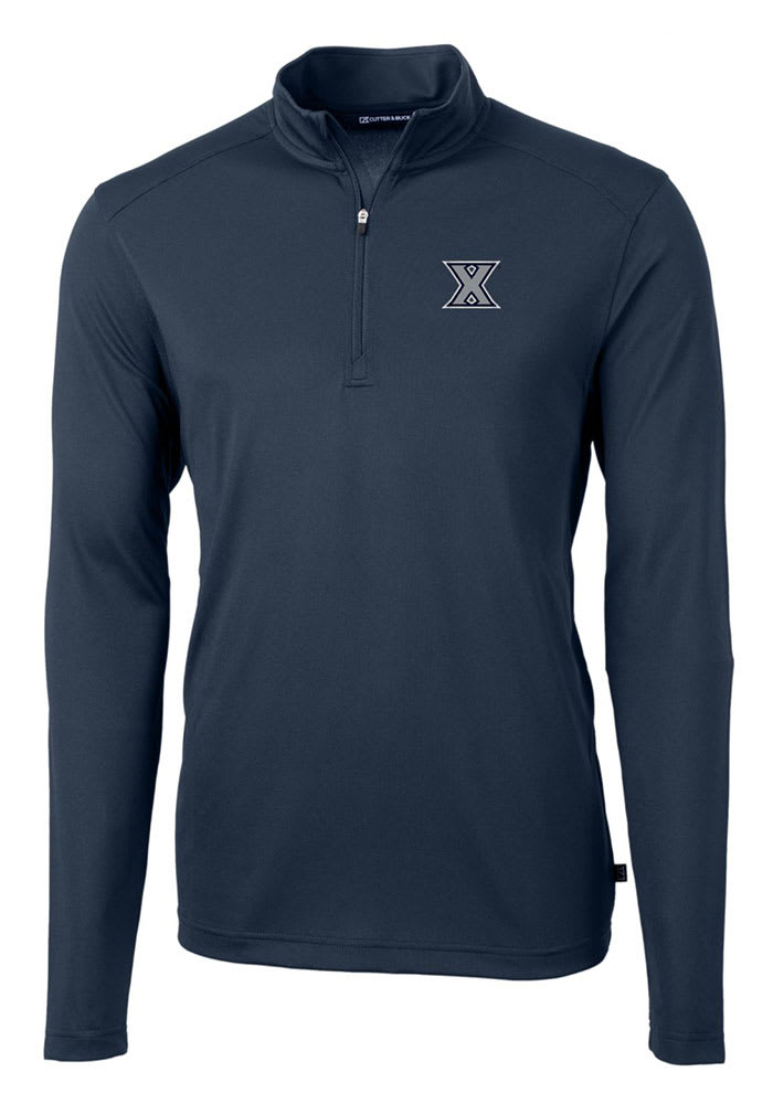 Cutter and Buck Xavier Musketeers Mens Navy Blue Virtue Eco Pique Long Sleeve 1/4 Zip Pullover