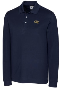 Cutter and Buck GA Tech Yellow Jackets Mens Navy Blue Advantage Pique Long Sleeve Polo Shirt
