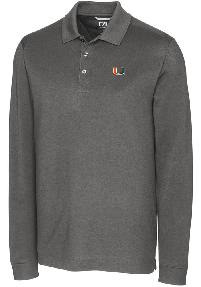 Cutter and Buck Miami Hurricanes Mens Grey Advantage Pique Long Sleeve Polo Shirt