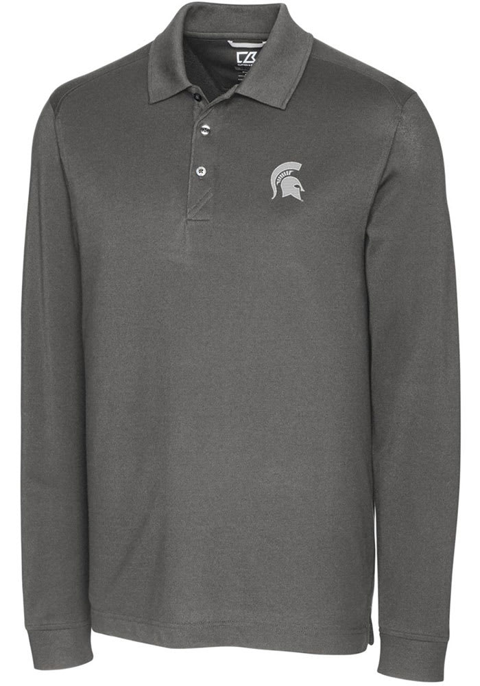 Cutter and Buck Michigan State Spartans Mens Grey Advantage Pique Long Sleeve Polo Shirt