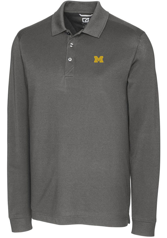 Cutter and Buck Michigan Wolverines Mens Grey Advantage Pique Long Sleeve Polo Shirt