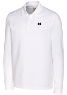 Mens Michigan Wolverines White Cutter and Buck Advantage Pique Long Sleeve Polo Shirt