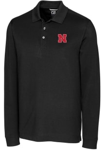 Mens Nebraska Cornhuskers Black Cutter and Buck Advantage Pique Long Sleeve Polo Shirt