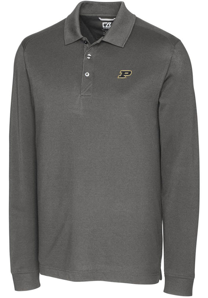 Cutter and Buck Purdue Boilermakers Mens Grey Advantage Pique Long Sleeve Polo Shirt