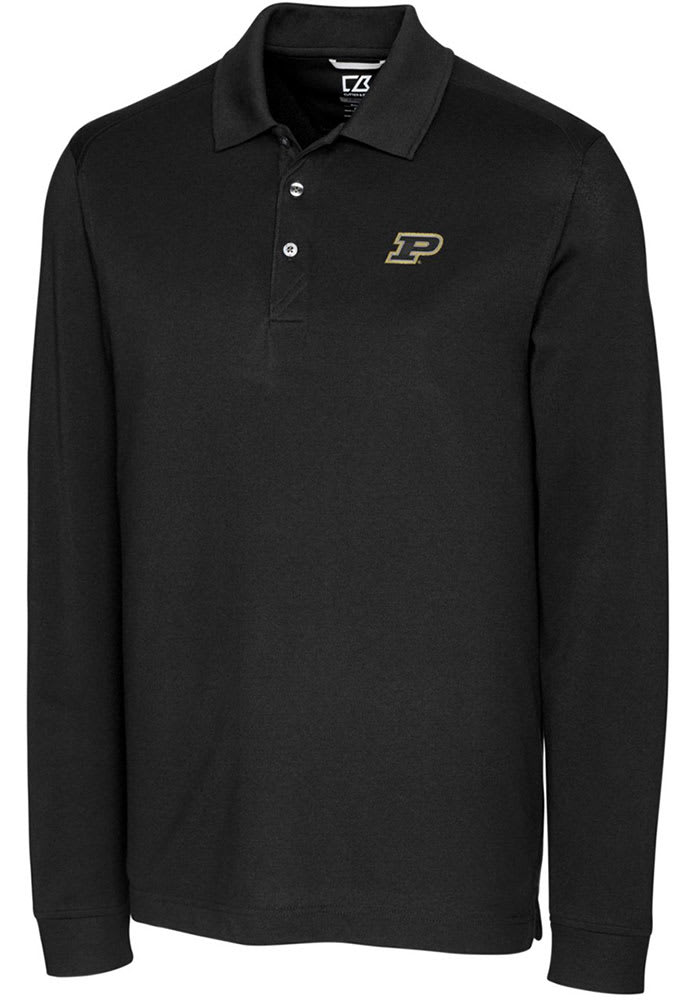 Cutter and Buck Purdue Boilermakers Mens Black Advantage Pique Long Sleeve Polo Shirt