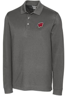 Cutter and Buck Wisconsin Badgers Mens Grey Advantage Pique Long Sleeve Polo Shirt