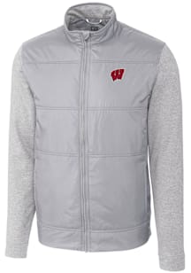 Mens Wisconsin Badgers Grey Cutter and Buck Stealth Hybrid Quilted Medium Weight Jacket