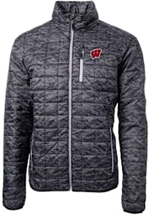 Mens Wisconsin Badgers Black Cutter and Buck Rainier PrimaLoft Printed Puffer Filled Jacket