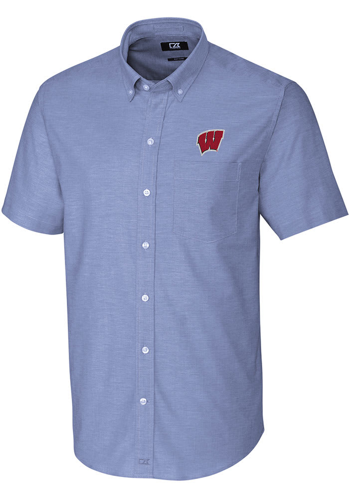 Cutter and Buck Wisconsin Badgers Mens Blue Stretch Oxford Short Sleeve Dress Shirt