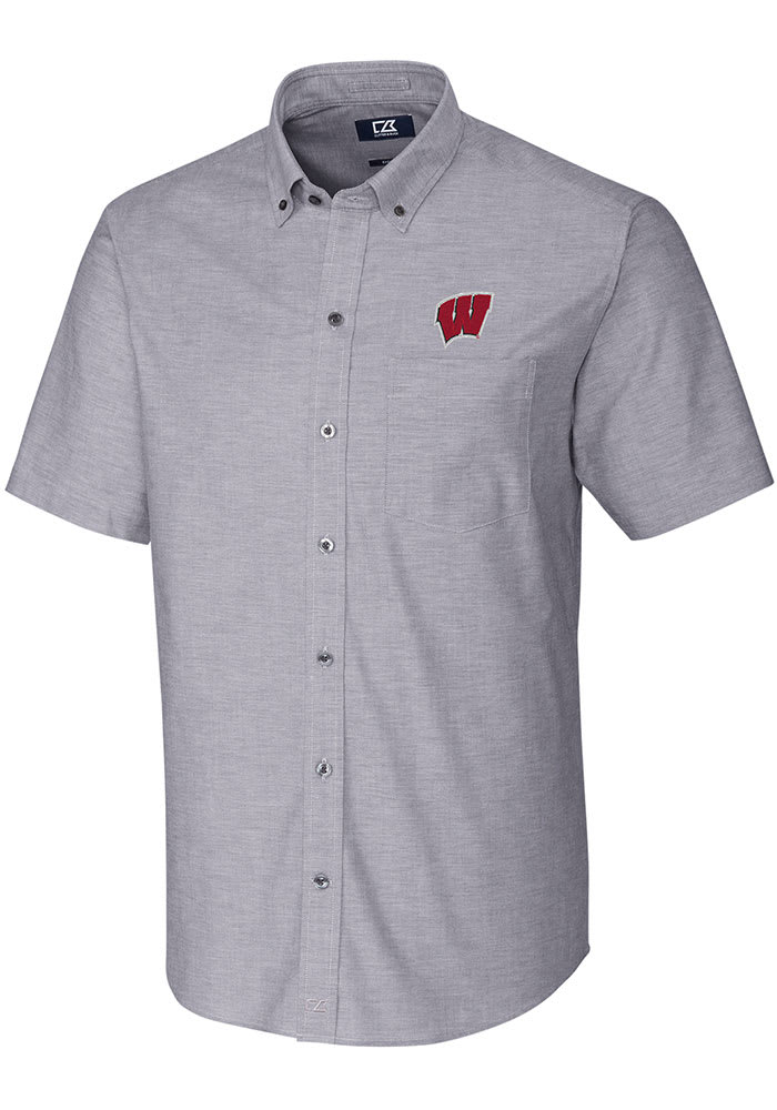 Cutter and Buck Wisconsin Badgers Mens Charcoal Stretch Oxford Short Sleeve Dress Shirt