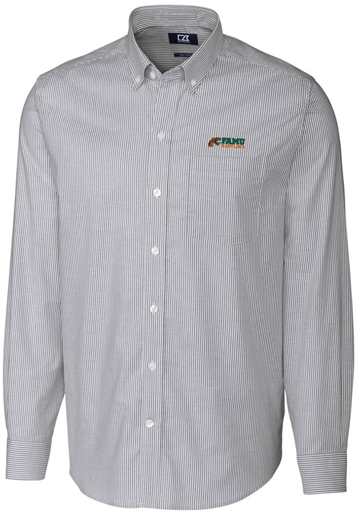 Cutter and Buck Florida A&M Rattlers Mens Charcoal Stretch Oxford Stripe Long Sleeve Dress Shirt