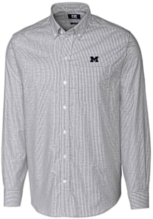 Mens Michigan Wolverines Charcoal Cutter and Buck Stretch Oxford Stripe Long Sleeve Dress Shirt