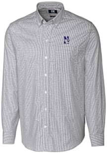 Mens Northwestern Wildcats Charcoal Cutter and Buck Stretch Oxford Stripe Long Sleeve Dress Shirt