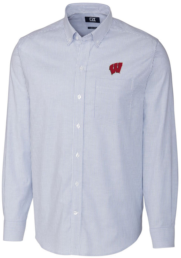 Cutter and Buck Wisconsin Badgers Mens Blue Stretch Oxford Stripe Long Sleeve Dress Shirt