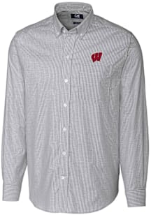 Cutter and Buck Wisconsin Badgers Mens Charcoal Stretch Oxford Stripe Long Sleeve Dress Shirt