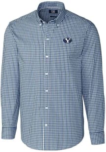 Cutter and Buck BYU Cougars Mens Navy Blue Easy Care Gingham Long Sleeve Dress Shirt