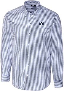 Cutter and Buck BYU Cougars Mens Blue Easy Care Gingham Long Sleeve Dress Shirt