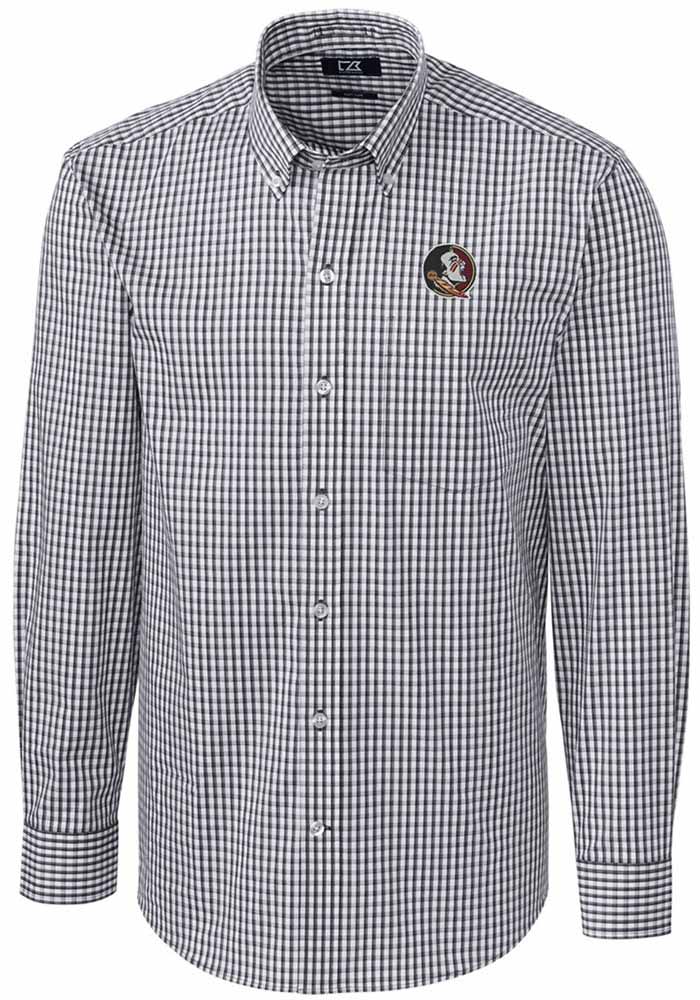 Cutter and Buck Florida State Seminoles Mens Charcoal Easy Care Gingham Long Sleeve Dress Shirt