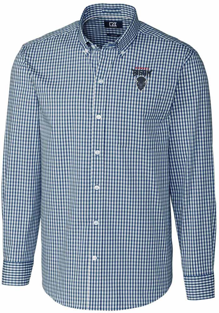 Cutter and Buck Howard Bison Mens Navy Blue Easy Care Gingham Long Sleeve Dress Shirt