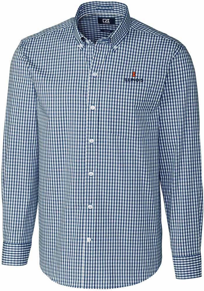 Cutter and Buck Illinois Fighting Illini Mens Navy Blue Easy Care Gingham Long Sleeve Dress Shirt