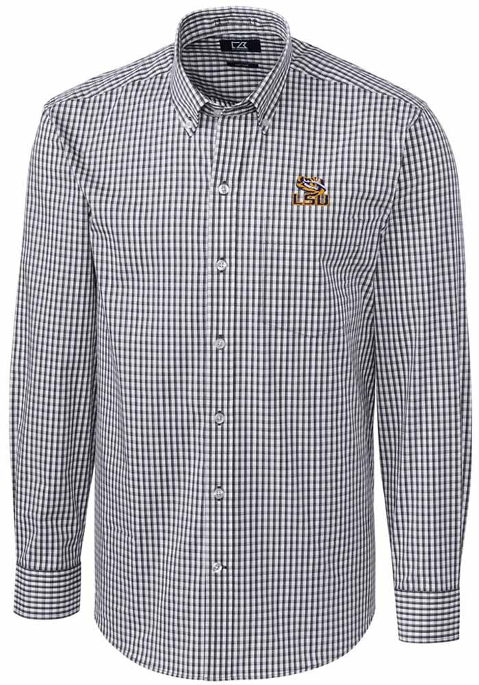 Cutter and Buck LSU Tigers Mens Charcoal Easy Care Gingham Long Sleeve Dress Shirt