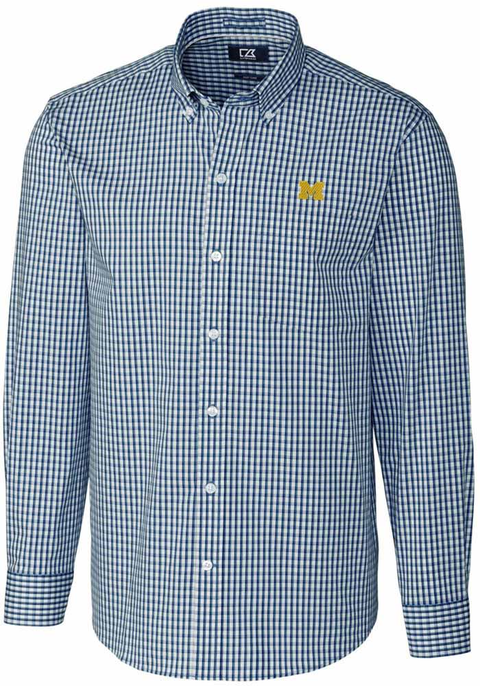 Cutter and Buck Michigan Wolverines Mens Navy Blue Easy Care Gingham Long Sleeve Dress Shirt
