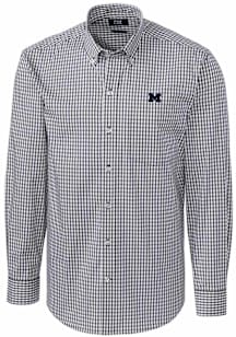 Mens Michigan Wolverines Charcoal Cutter and Buck Easy Care Gingham Long Sleeve Dress Shirt