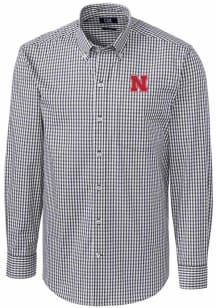 Cutter and Buck Nebraska Cornhuskers Mens Charcoal Easy Care Gingham Long Sleeve Dress Shirt