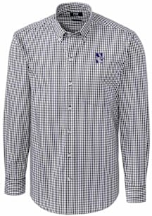 Mens Northwestern Wildcats Charcoal Cutter and Buck Easy Care Gingham Long Sleeve Dress Shirt