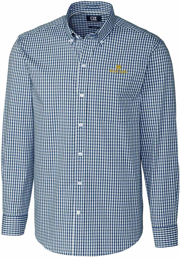 Cutter and Buck Notre Dame Fighting Irish Mens Navy Blue Easy Care Gingham Long Sleeve Dress Shirt