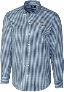 Cutter and Buck Xavier Musketeers Mens Navy Blue Easy Care Gingham Long Sleeve Dress Shirt