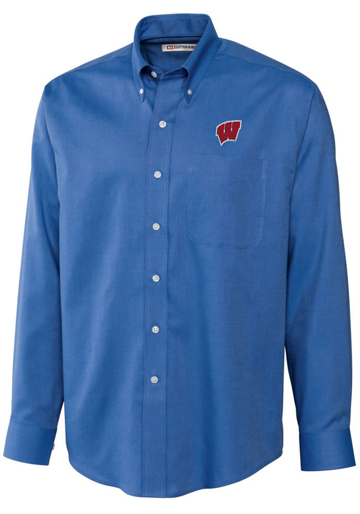 Cutter and Buck Wisconsin Badgers Mens Blue Epic Easy Care Nailshead Long Sleeve Dress Shirt