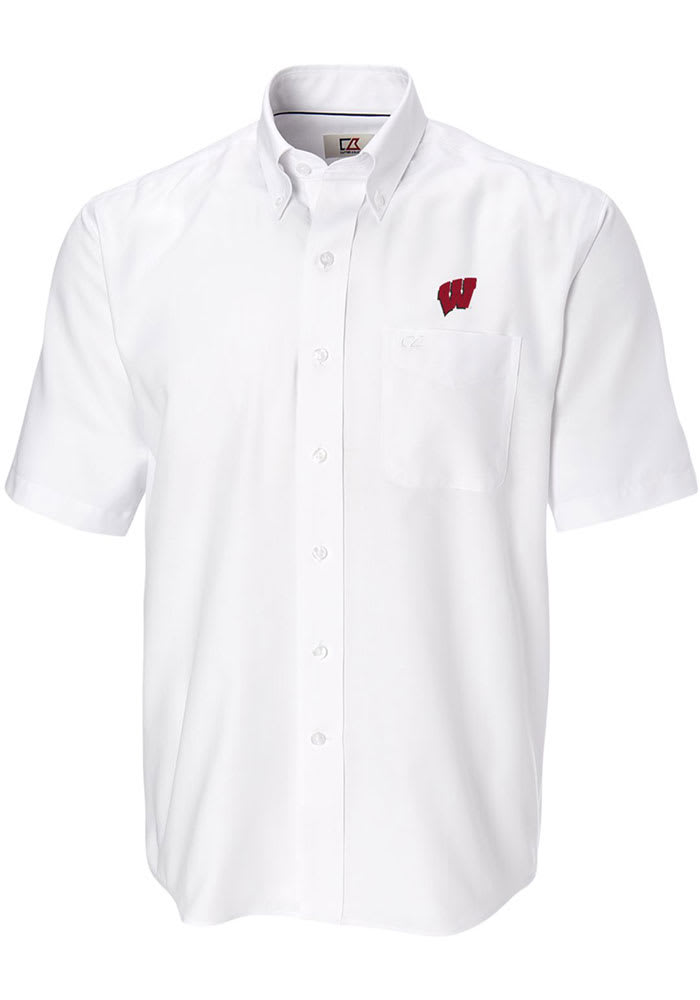 Cutter and Buck Wisconsin Badgers Mens White Epic Easy Care Nailshead Short Sleeve Dress Shirt