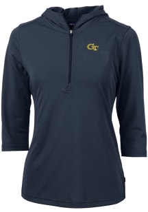 Cutter and Buck GA Tech Yellow Jackets Womens Navy Blue Virtue Eco Pique Hooded Sweatshirt