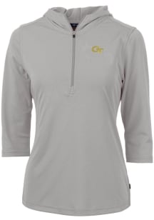 Cutter and Buck GA Tech Yellow Jackets Womens Grey Virtue Eco Pique Hooded Sweatshirt