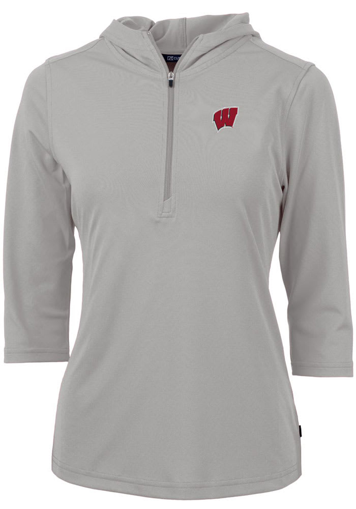 Cutter and Buck Wisconsin Badgers Womens Grey Virtue Eco Pique Hooded Sweatshirt