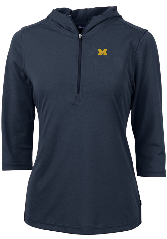 Cutter and Buck Michigan Wolverines Womens Navy Blue Virtue Eco Pique Hooded Sweatshirt