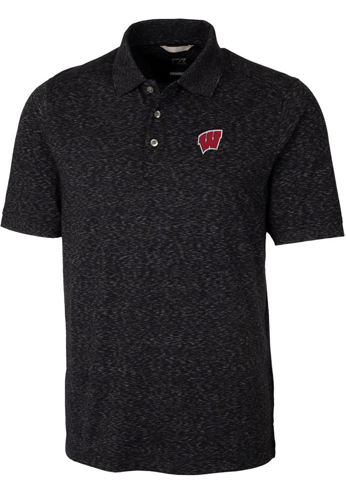 Cutter and Buck Wisconsin Badgers Mens Black Advantage Space Dye Short Sleeve Polo