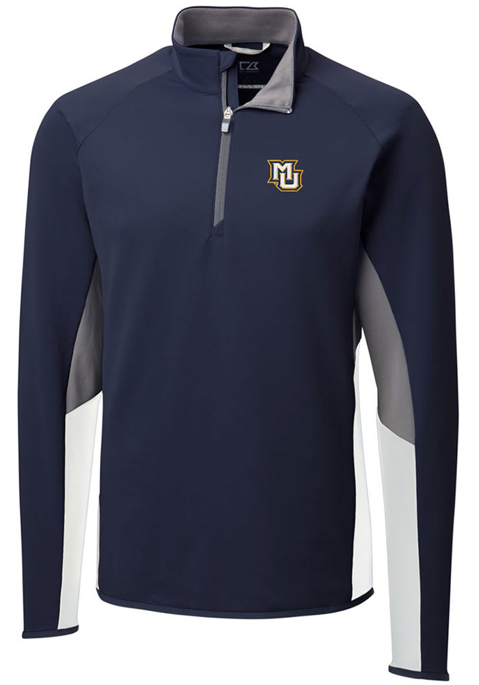 Cutter and Buck Marquette Golden Eagles Mens Navy Blue Traverse Colorblock Long Sleeve 1/4 Zip Pullover