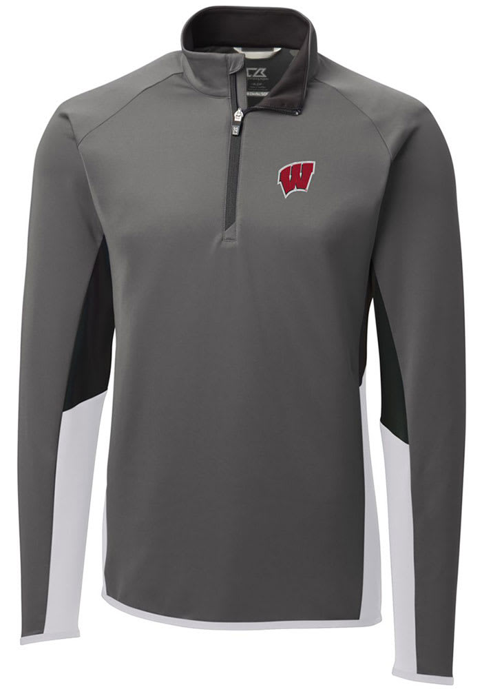 Cutter and Buck Wisconsin Badgers Mens Grey Traverse Colorblock Long Sleeve 1/4 Zip Pullover