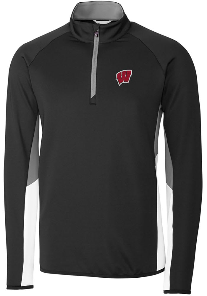 Cutter and Buck Wisconsin Badgers Mens Black Traverse Colorblock Long Sleeve 1/4 Zip Pullover