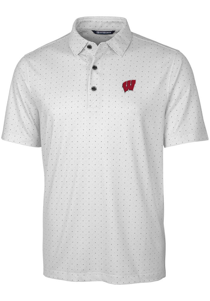 Cutter and Buck Wisconsin Badgers Mens Charcoal Pike Double Dot Short Sleeve Polo