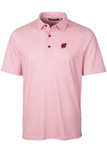 Mens Wisconsin Badgers Red Cutter and Buck Pike Double Dot Short Sleeve Polo Shirt