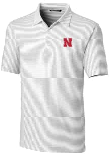 Mens Nebraska Cornhuskers White Cutter and Buck Forge Pencil Stripe Design Short Sleeve Polo Shi..