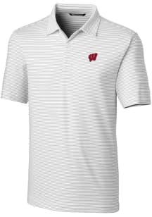 Mens Wisconsin Badgers White Cutter and Buck Forge Pencil Stripe Short Sleeve Polo Shirt