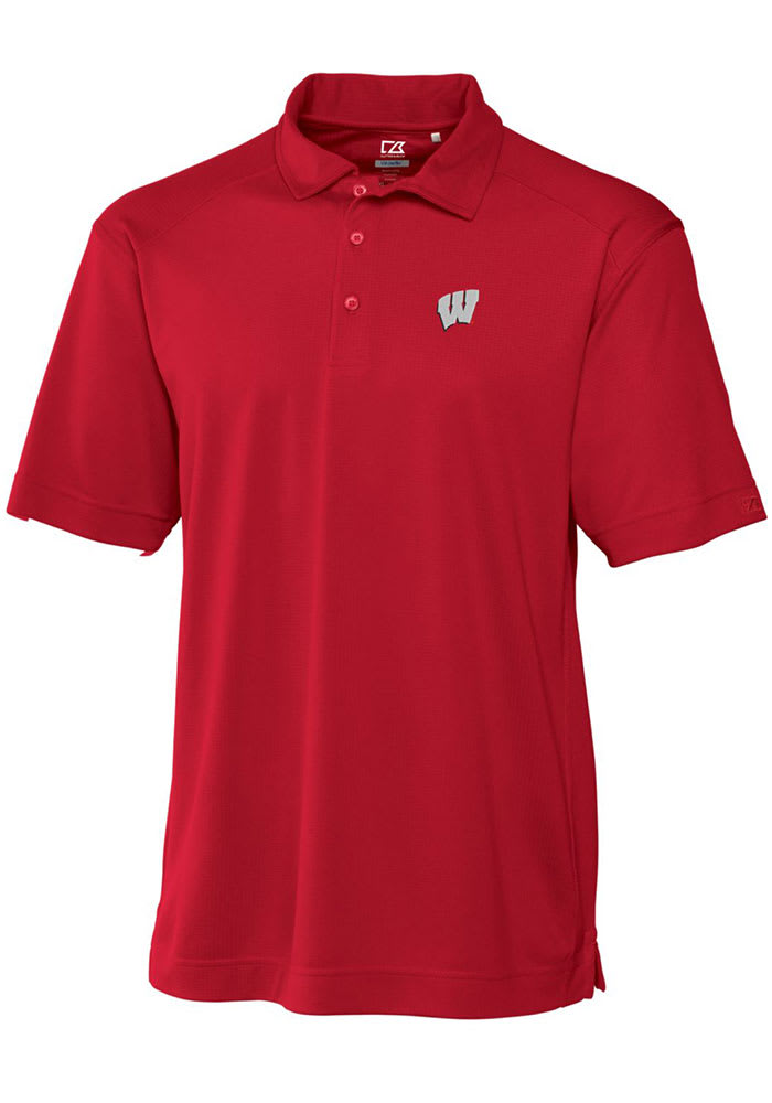 Cutter and Buck Wisconsin Badgers Mens Red Drytec Genre Textured Short Sleeve Polo