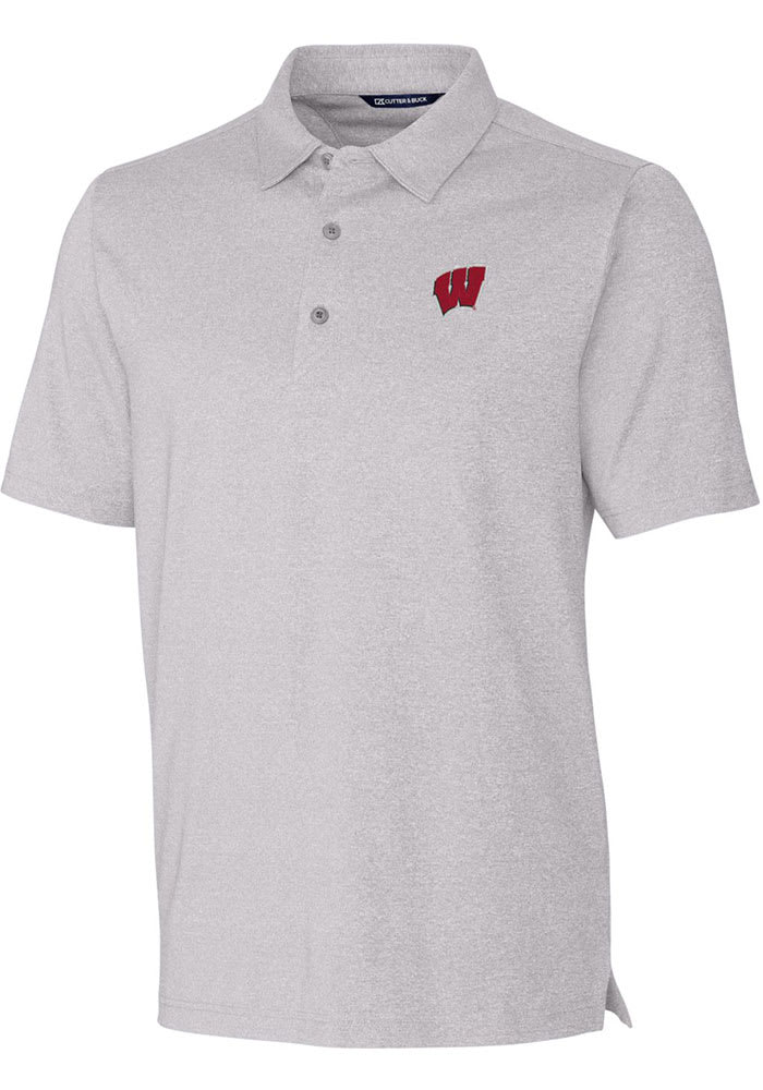 Cutter and Buck Wisconsin Badgers Mens Grey Forge Heathered Short Sleeve Polo