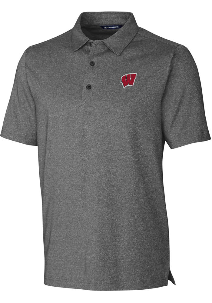 Cutter and Buck Wisconsin Badgers Mens Charcoal Forge Heathered Short Sleeve Polo